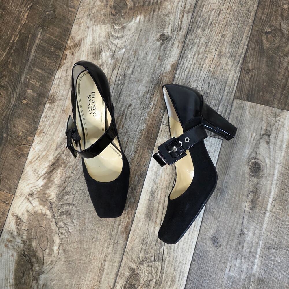 Mary Jane Black Franco Sarto Heels Pumps Panted Leather Suede Size 10 Goth